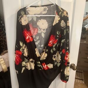 Floral Wrap bodysuit- Black and Red